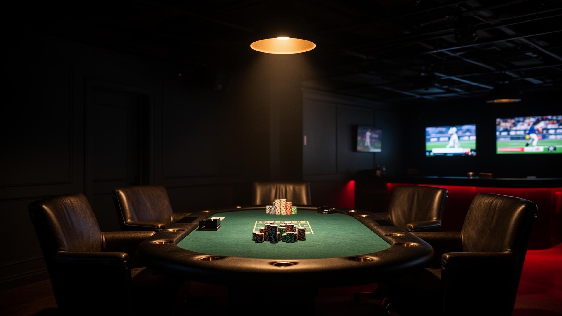 Dark luxury poker room with leather chairs and a green felt table